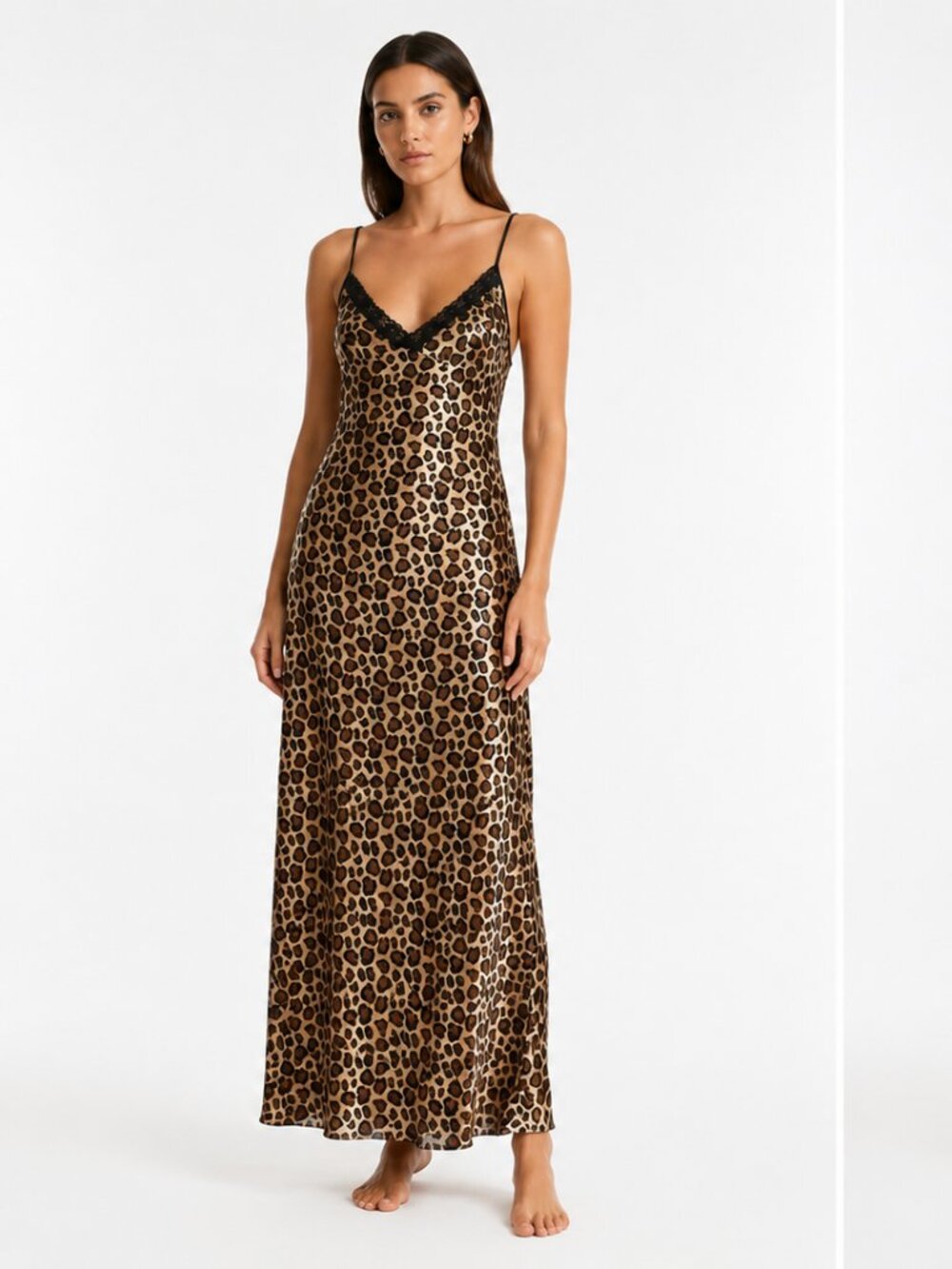 Seven 'TIL MIDNIGHT JOAN SATIN LEOPARD BLACK LACE LONG SLEEP GOWN